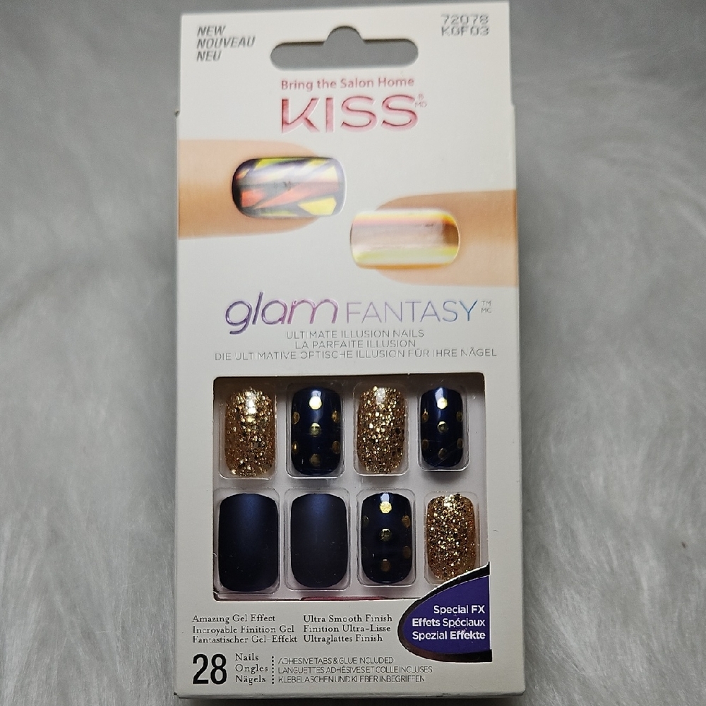 NIB Kiss Glam Fantasy Nails - Glittering Gold and Deep Blue Medium Length